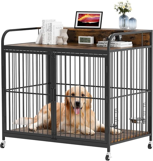 Dog Crate Furniture, Wooden Dog Crate End Table with Adjustable Height & 360° Rotating Feeder, Dog Kennel Indoor with 360° Wheels for Small Dogs, Heavy Duty Dog Crate (31.96''L x 20.47''W x 31.49''H)