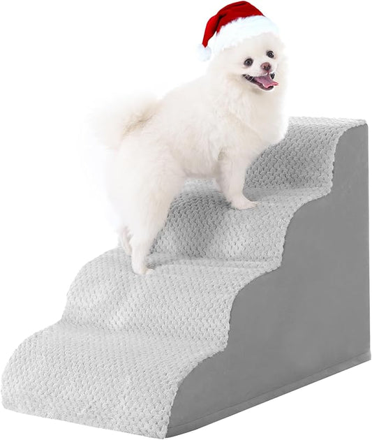 MIHIKK Dog Stairs Ramp, Curved 4-Step Dog Steps for Small Dogs and Cats, Pet Stairs for High Beds and Couch with Anti-Slip Washable Cover and Durable High Density Foam, Grey