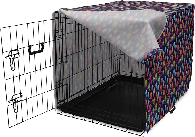 Lunarable Outer Space Dog Crate Cover, Cartoon Planets and Space Ships with Space Background Fun Science, Easy to Use Pet Kennel Cover for Medium Large Dogs, 48 Inch, Dark Blue