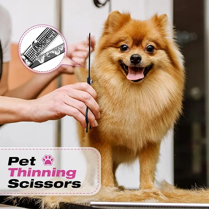 JASON Dog Grooming Scissors Kit, Professional 6 in 1 Dog Scissors Set - Thinning Shear, Straight Scissor, Dog Chunker, Down-curved Shears and Comb for Dog Cat Pet (Black, 8")