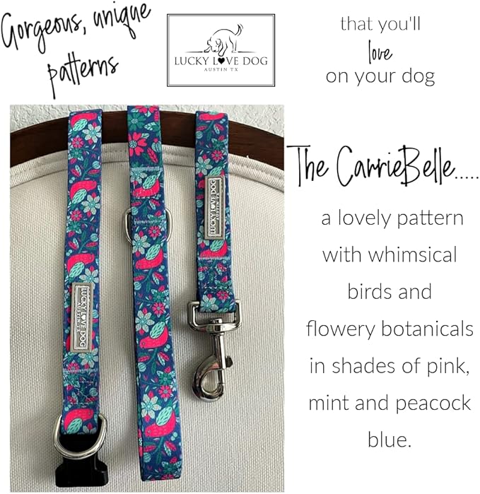 Lucky Love Dog, Whimsical Bird Dog Collar, Vivid Pink, Mint, Blue Flowers Large Dog Collar, Adjustable Collars for Female Male Dogs - (L, Carriebelle Collar)