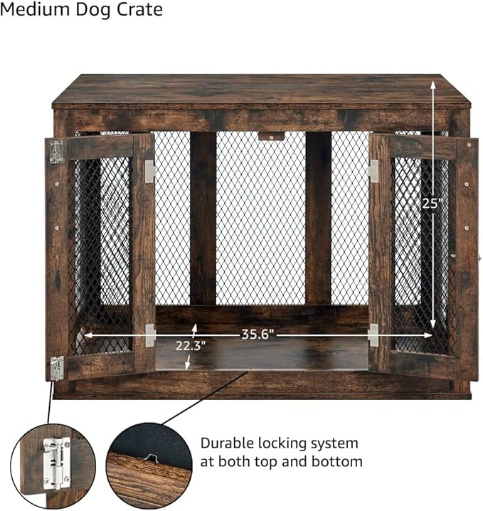 unipaws Furniture Dog Crate with Tray for Medium Dogs, Indoor Aesthetic Puppy Kennel Pet House Dog Cage with Door, Modern Decorative Wood Pretty Cute Fancy End Side Table Nightstand, Rustic