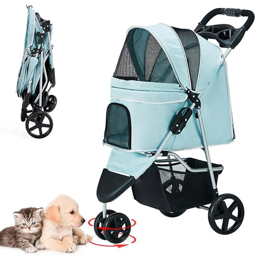 Pet Stroller for Medium Small Dogs and Cats, Folding Puppy Stroller Dog Cat Cage Jogger Stroller with Cup Holder and Storage Basket, 3 Wheels, Light Blue