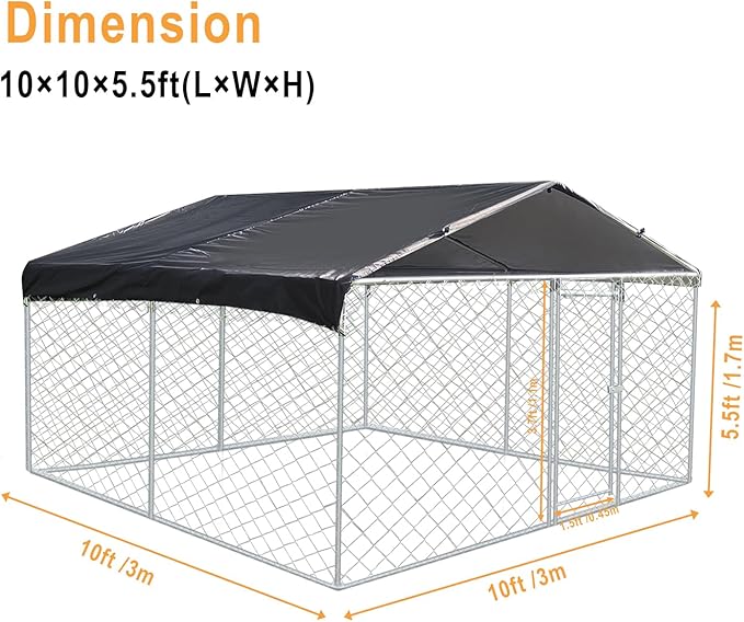 Large Dog Kennel 9.8X9.8FT, Large Outdoor Dog Kennel Heavy Duty Dog Cage with Waterproof UV-Resistant Cover Roof, Large Dog House Pen Enclosure, Silver
