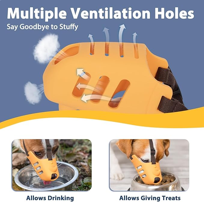 LUCKYPAW Dog Muzzle Soft Muzzle for Small Medium Dog Poodle Dachshund Breathable Silicone Cage Muzzle for Biting Chewing Funny Rhino Muzzle with Adjustable Strap (Yellow, L-(Snout Cir:8.25-9in)