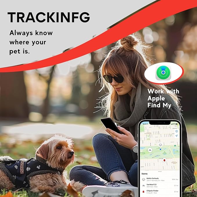 Smart Pet Locator, Dog/Cat Tracker with Collar Holder, Smart Tag for Seamless Location Tracking, Bluetooth Tracker Locator Pairs with Apple Find My (iOS only), 400ft Range Smart Tracker Tags, Black