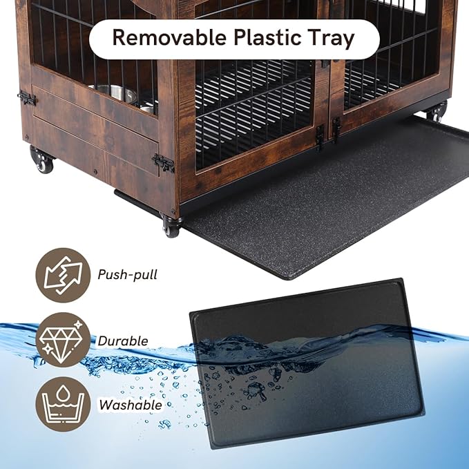 Snowtaros Dog Crate Furniture with 360° Rotatable Hidden Bowls, Heavy Duty Wooden Dog Kennel with Double Doors, Dog Cage End Table Indoor with Removable Tray Swiveling Wheels for Small Medium Dogs