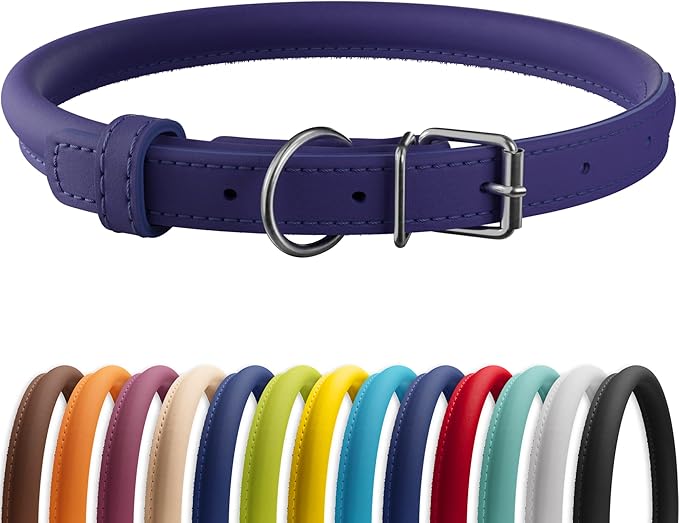 CollarDirect Rolled Leather Dog Collar, Soft Padded Round Puppy Collar, Handmade Genuine Leather Collar Dog Small Large Cat Collars 13 Colors (13-16 Inch, Purple Smooth)