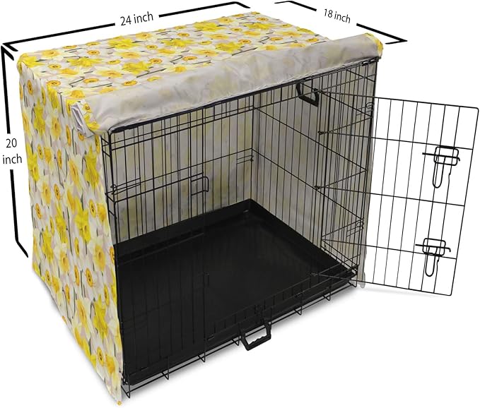 Lunarable Daffodil Dog Crate Cover, Gentle Nature Theme Blooming Spring Season Realistic Romantic Bedding Plants, Easy to Use Pet Kennel Cover for Cats & Medium Dogs, 24 Inch, Yellow Green Tan