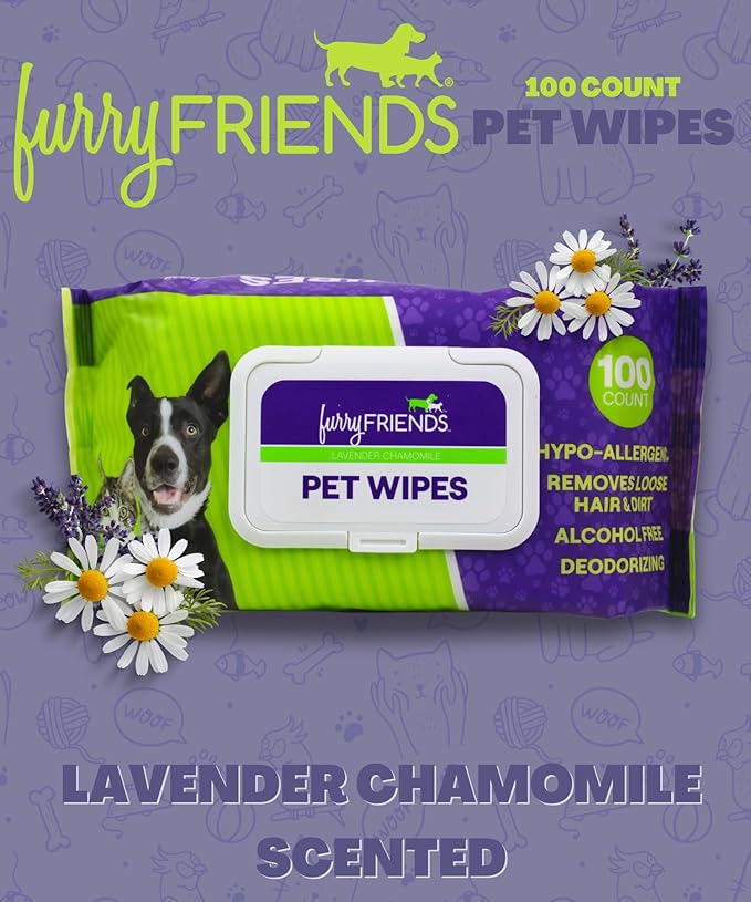 FurryFriends Pet Wipes | Lavender Chamomile Scented | Hypo-allergenic | Alcohol Free| Deodorizing | Removes Loose Hair & Dirt | Incredibly Clean | 100 ct. 1 Pack