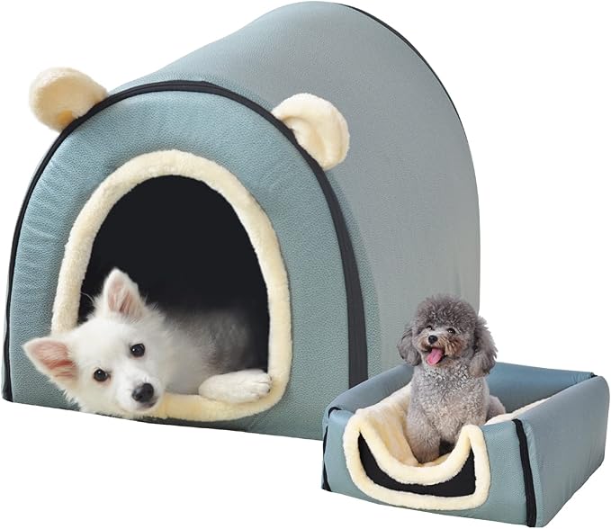 Dog Bed,2 Ways to Use,Indoor Pet House with Fluffy Mat,Removable and Washable Cover,Splash-Proof House and Non-Slip Bottom,for Large Dogs(XL Light Blue Faux Leather)