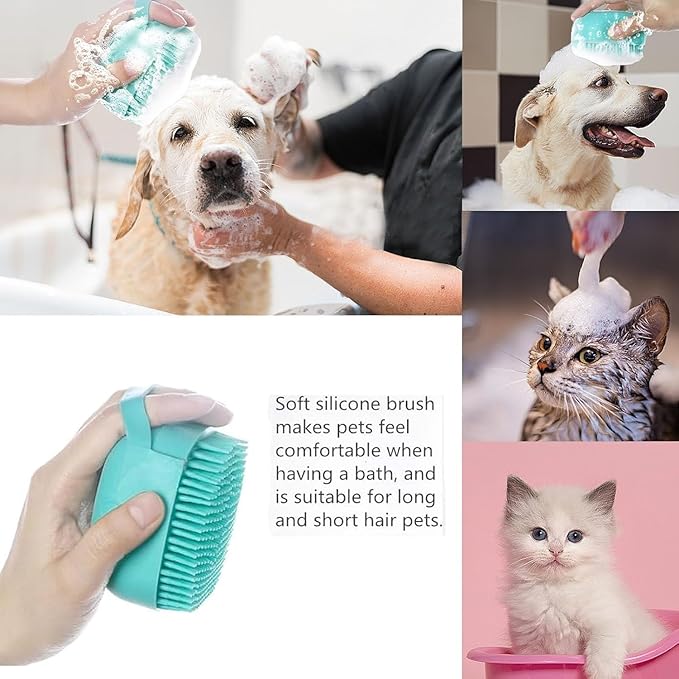 Pet Bath Scrubber Brush, Dog Grooming Massage Shampoo Bath Brush with Soap and Shampoo Dispenser Soft Silicone Bristle for Long Short Haired Dogs Cats Shower (Yellow)