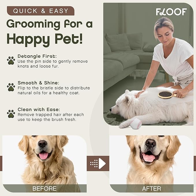 Floof Double-Sided Pet Brush,Metallic Pins & Vegan Boar Bristles for Long & Short Haired Dogs and Cats | Premium Wooden Handle for Comfort | Eco-Friendly Deshedding,Gentle Detangling,& Easy to Clean