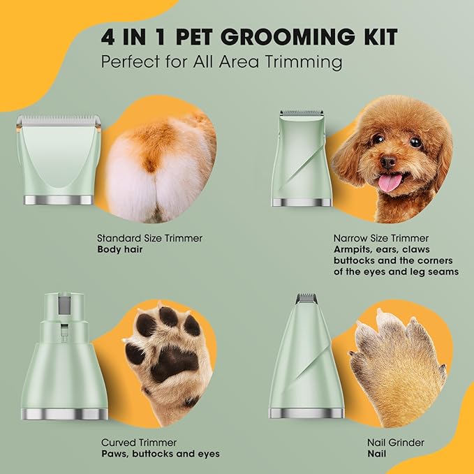 Upgrade Dog Grooming Kit, Cordless Dog Paw Trimmer, 4 in 1 Low Noise Pets Hair Clipper Grooming Kit, 2-Speed Nail Grinder with Stainless Steel Blade for Small Pet with Thick Coats (Green)