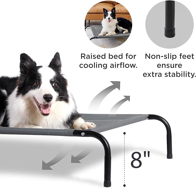 Bedsure Medium Elevated Cooling Outdoor Dog Bed - Raised Cots for Medium Dogs, Portable Indoor & Outdoor Pet Hammock Bed with Skid-Resistant Feet, Frame with Breathable Mesh, Grey, 43 inches