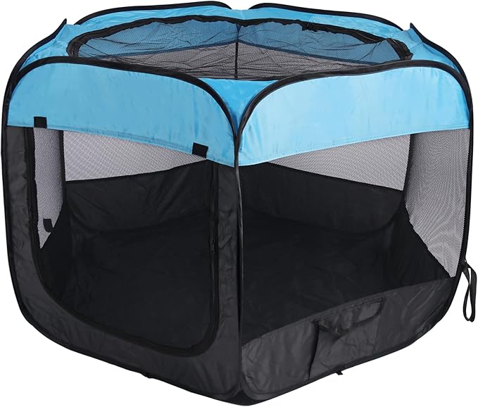 Portable Dog Playpen Cat Tent,Pop Up Playpen for Small Middle Dogs Cats Pet Tent Playground, Indoor Outdoor,47x47x30,Blue/Black,1Pack