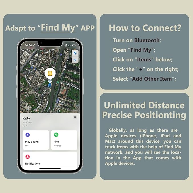 Silicone Bell Cat Tracker, Locator for Pets Only iOS, Location Tracking Collar for iOS, Works Worldwide with Any Collar, No Other Fees, Huthur Tag