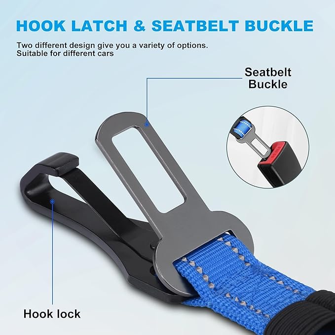 IOKHEIRA Dog Seat Belt 3-in-1 Car Harness for Dogs Adjustable Safety Seatbelt for Car Durable Nylon Reflective Bungee Fabric Tether with Clip Hook Latch & Buckle, Swivel Zinc Alloy Carabiner (Bule)