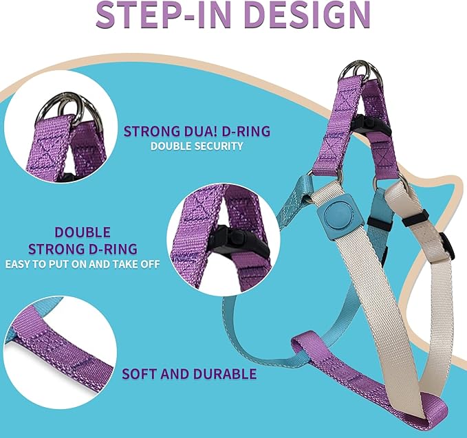 Tri-Color Dog Harness and Purple Pink Gradient Shock Absorbing Dog Leash Set,Step-in Freedom Dog Vest Harness,Strong Padded Handle to Help Stop Pulling for Large Dog Walking and Traning
