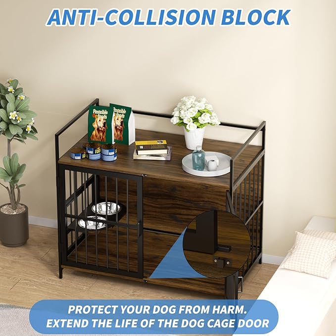 LOVMOR Dog Cage Furniture with Rotating Feeder Bowls, Dog Kennel Indoor with Cushion, Dog Crates for Small and Medium Dogs, 41" L X 23.6" W 35.8" H, Rustic Brown
