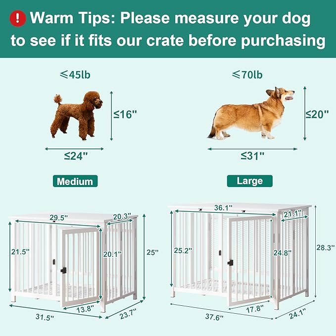 Heavy Duty Dog Crate Furniture, Fully Assembled exc. Locks, All Metal Frame & Wooden Tabletop, Modern Kennel for Small/Medium Dog, End Table, Sturdy, Foldable, White