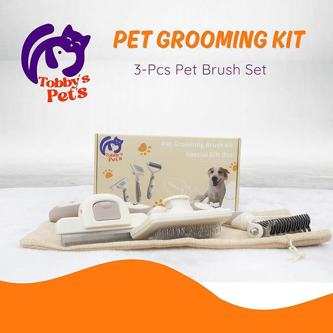Pet Grooming Kit – 3-Pcs Pet Brush Set with Dematting Tool, Deshedding Brush, Self-Cleaning Slicker Brush – Professional Dog Brushes for Grooming Long-Haired Dogs and Cats