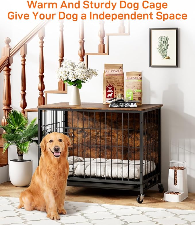 Dog Crate Furniture with Cushion, Dog Kennel Indoor with Wheels, Dog Crate End Table with Tray, 27.2" Dog Cage with Double Doors for Small Dog (Rustic Brown)