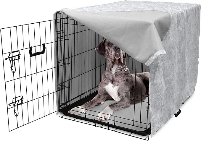 Ambesonne Grey and White Dog Crate Cover, Doodle Style Botanical Leaves Pattern Shabby Ornamental, Easy to Use Pet Kennel Cover for Medium Large Dogs, 48 Inch, Pale Blue Grey and White
