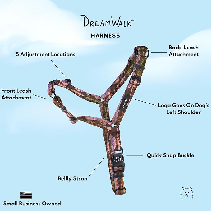 ShawnCo Dream Walk No-Pull Dog Harness- Adjustable, Comfortable, Easy to Use Pet Halter to Help Stop Pulling for Small, Medium and Large Dogs- Art Pattern Designs (Montana Daydream, M)