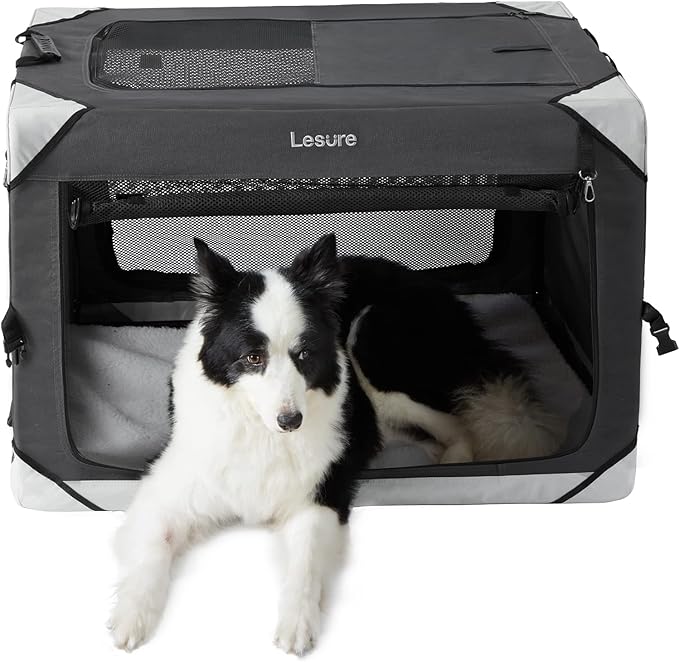 Lesure Collapsible Dog Crate - Portable Travel Kennel for Large Dog, 4-Door Pet Crate with Durable Mesh Windows, Indoor & Outdoor, Charcoal Gray