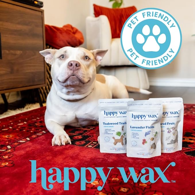 Happy Wax Pet Scents Mix Premium Scented, Non Toxic, Pet Safe, Odor Eliminating, Dye-Free Soy Wax Melts – 6 Total Oz: Lavender Fields for Dogs, Sugared Fruit for Cats and Teakwood Trails for Pets