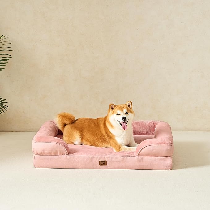EHEYCIGA Orthopedic Dog Beds for Large Dogs, Waterproof Memory Foam Large Dog Bed with Sides, Non-Slip Bottom and Egg-Crate Foam Large Dog Couch Bed with Washable Removable Cover, Dusty Pink