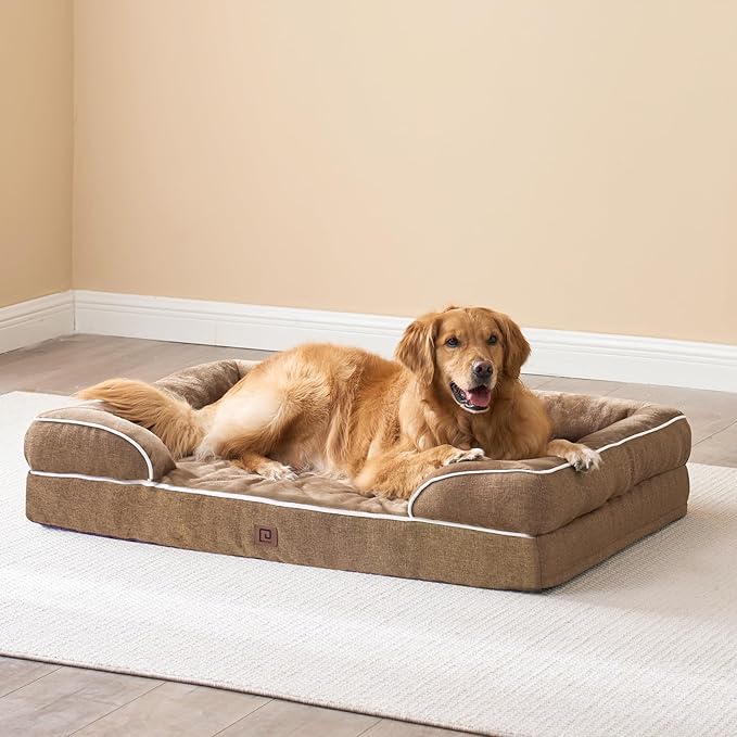 EHEYCIGA Orthopedic Dog Beds for Large Dogs, Waterproof Memory Foam Large Dog Bed with Sides, Non-Slip Bottom and Egg-Crate Foam Large Dog Couch Bed with Washable Removable Cover, Camel