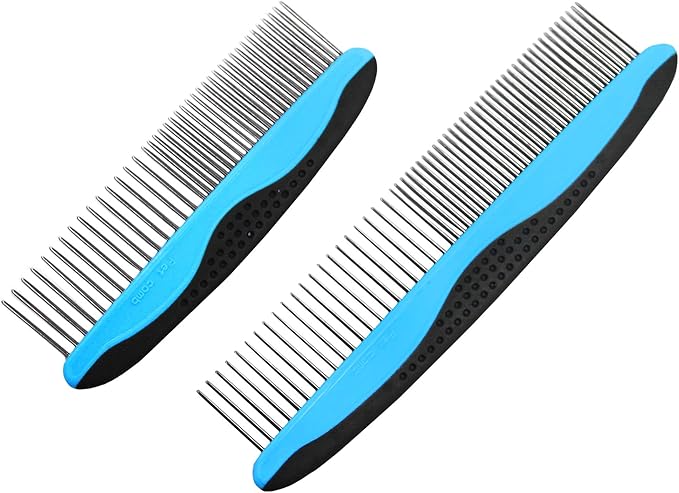Pets First 2 Pack Dog Comb Small & Large PET Comb for Small & Large Breeds & Areas. Premium Anti-Slip Comfort Grip Ergonomic Handle for Your Dog & Cat with Durable Stainless-Steel