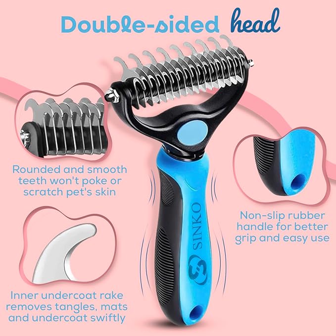 Undercoat Rake for Dogs & Cats, Dematting Comb with Extra Wide Double-Sided Stainless Teeth for Detangling, Deshedding, Brushing & Removing Shed Fur, Knots, Mats, and Tangles in Pets (Brush and comb)