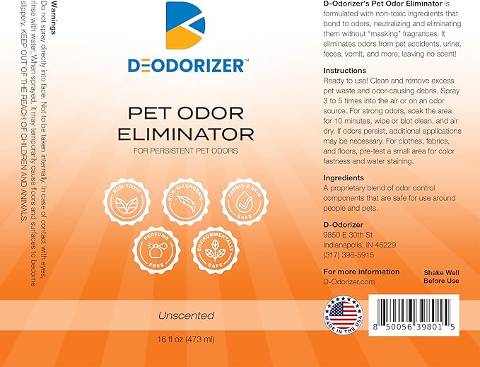 Pet Odor Eliminator for Persistent Pet Odors - Pet Accidents, Urine, Feces, Vomit - Unscented - 16oz Spray