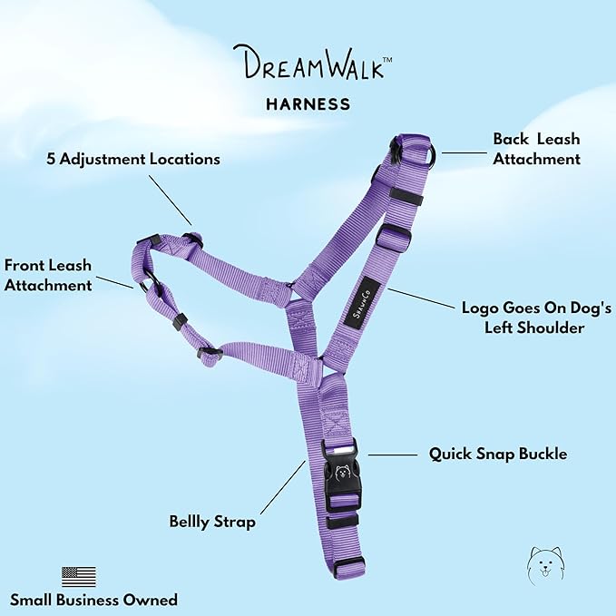 ShawnCo Dream Walk No-Pull Dog Harness- Adjustable, Comfortable, Easy to Use Pet Halter to Help Stop Pulling for Small, Medium and Large Dogs (ICY Lilac, S)