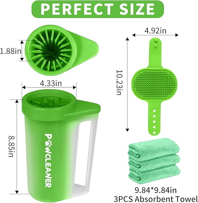 Buddy Muddy Green Pet Foot Cleaner with Handle, Adjustable Bath Brush & Absorbent Towels for Large Dogs