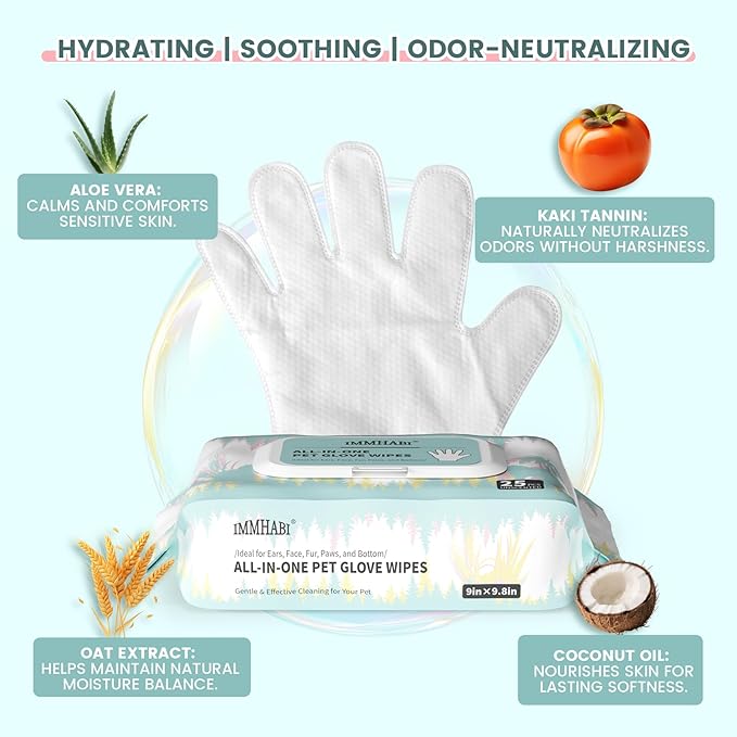 50 Pet Glove Wipes for Paws and Butt Large Puppy Wipes for Dogs Face and Body Dog Wipes Cleaning Deodorizing Cat Wipes Cleaning Fur and Butt Doggie Wipes Doggy Wipes Bum Dog Ear Wipes