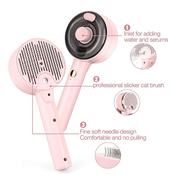 Steam Brush for Cats,3 in 1 Steamy Pet Brush Dog for Shedding for Indoor Cats,Water Brush for Cats Dogs,Spritz Defur Comb for Cats,Pet Grooming Brush Removal Comb with Spray for Cats(Pink)