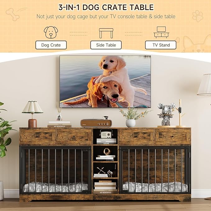 82” Double Dog Crate Furniture, Large Dog Kennel Indoor for 2 Dogs, Heavy Duty Wooden Dog Crate TV Stand with 4 Drawers and Shelves, Brown