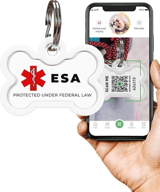 QR Code Pet Tag Service Dog ID - ESA - Emotional Support Service Dog Name Tags (ESA, Bone)
