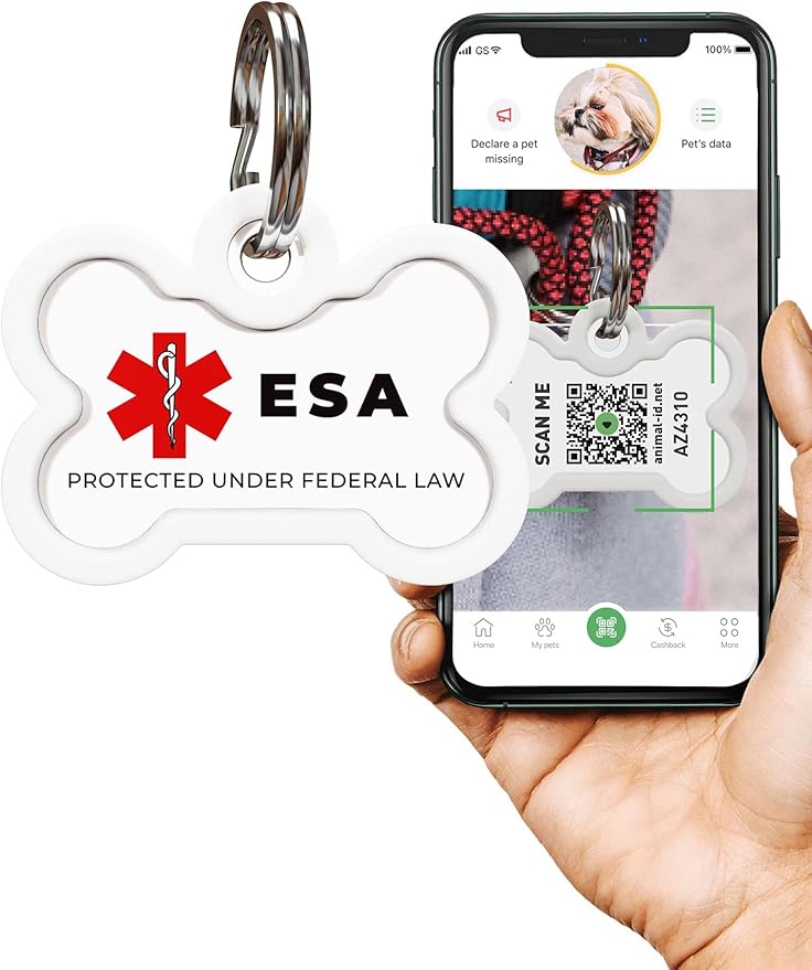 QR Code Pet Tag Service Dog ID - ESA - Emotional Support Service Dog Name Tags (ESA, Bone)