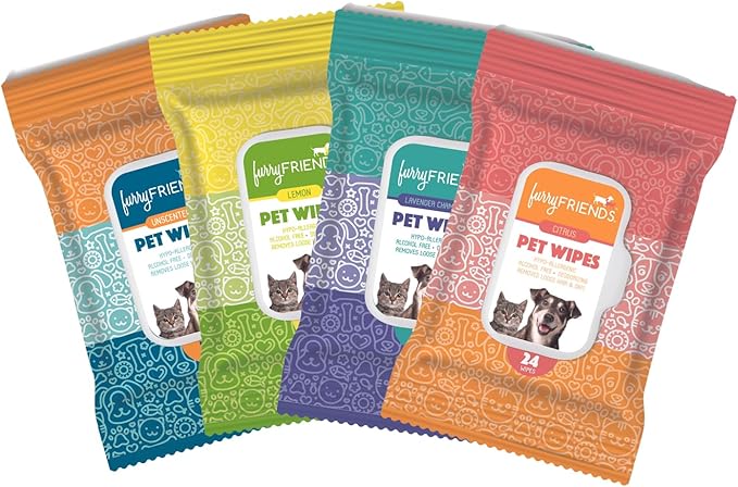 FurryFriends Pet Wipes | Variety Pack | Hypo-allergenic | Alcohol Free| Deodorizing | Removes Loose Hair & Dirt | Incredibly Clean | 4 Pack