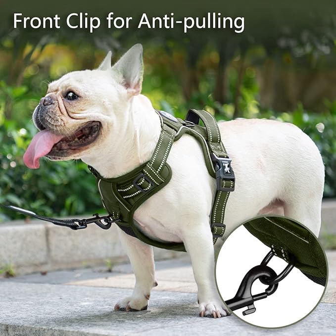 PoyPet No Pull Dog Harness, No Choke Reflective Dog Vest, Adjustable Pet Harnesses with 2 Leash Attachments with Easy Control Padded Handle for Small Medium Large Dogs(Military Green,XL)