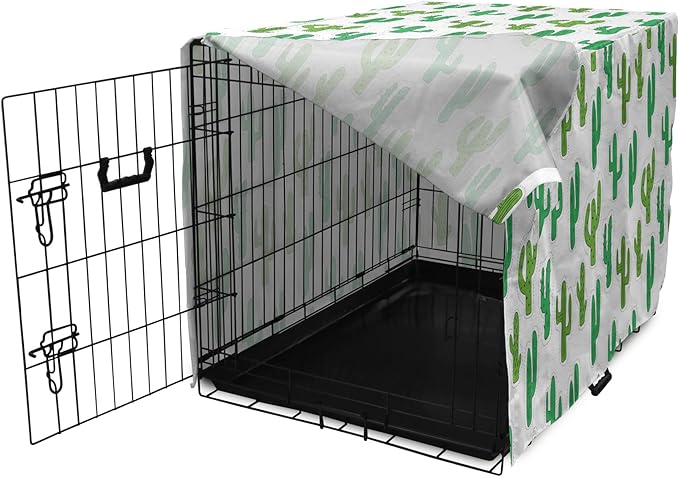Lunarable Cactus Print Dog Crate Cover, Hand Drawn Cutout Style Cactus Plants Warm Climate Botany with Thorns, Easy to Use Pet Kennel Cover for Medium Large Dogs, 48 Inch, White Lime Green