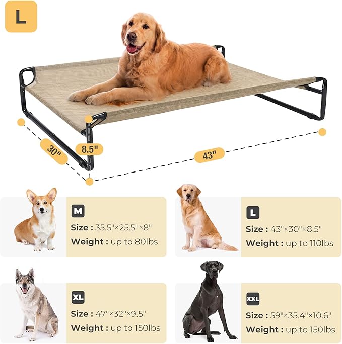 Veehoo Original Cooling Elevated Dog Bed, Outdoor Raised Dog Cots Bed for Large Dogs, Portable Standing Pet Bed with Washable Breathable Mesh, No-Slip Feet for Indoor Outdoor, Large, Beige Coffee
