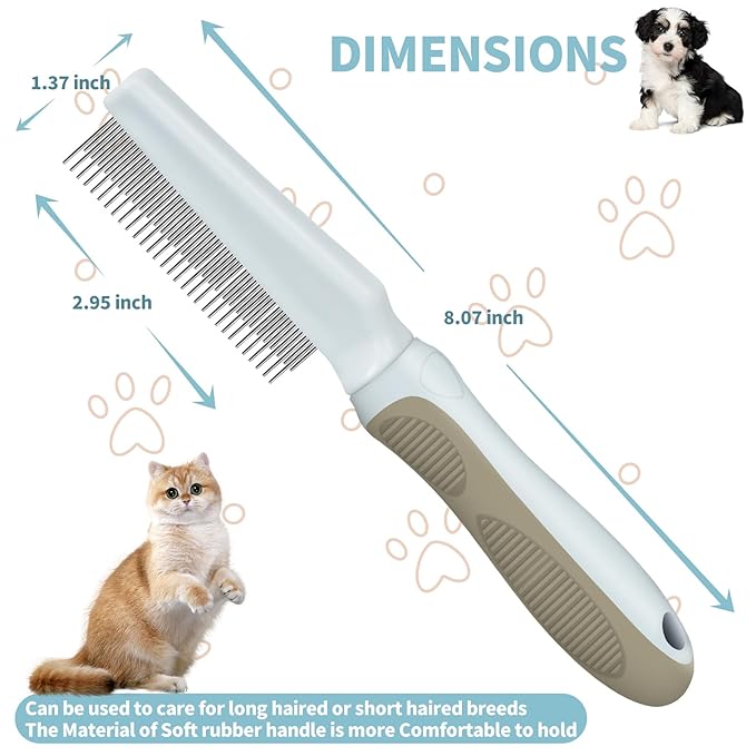 Ropo Pet Grooming Comb for Dogs and Cats, Flea Comb, Long Handled Pet Comb 2 in 1 Long and Short Stainless Steel Metal Teeth for Tangle and Knot Removal - Detangling Brush
