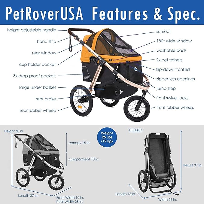 HPZ Pet Rover Run Performance Jogging Sports Stroller with Comfort Rubber Wheels/Zipper-Less Entry/1-Hand Quick Fold/Aluminum Frame for Small/Medium Dogs, Cats and Pets (Speed Yellow)