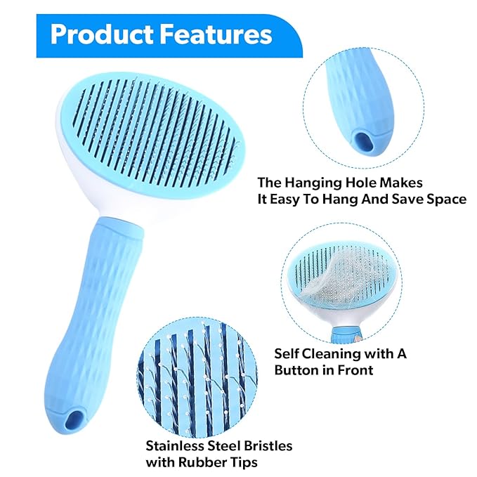 Pet Grooming Self Cleaning Slicker Brush for Cats and Dogs, Cats Brush for Shedding Hair, Removes Loose Hair & Tangles, Skin Friendly & Promote Circulation-Blue